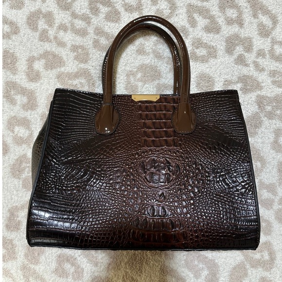 Unbranded Handbags - Unbranded Crocodile Embossed Satchel Bag Brown Glossy 2 Piece Set